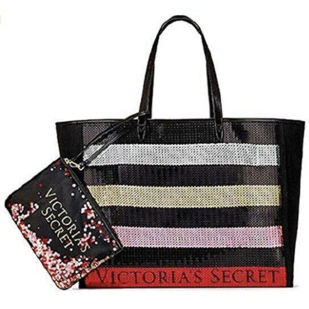 Victoria Secret Glitter Sequins‎ Striped Tote Bag And Wristlet Travel Gym Beach